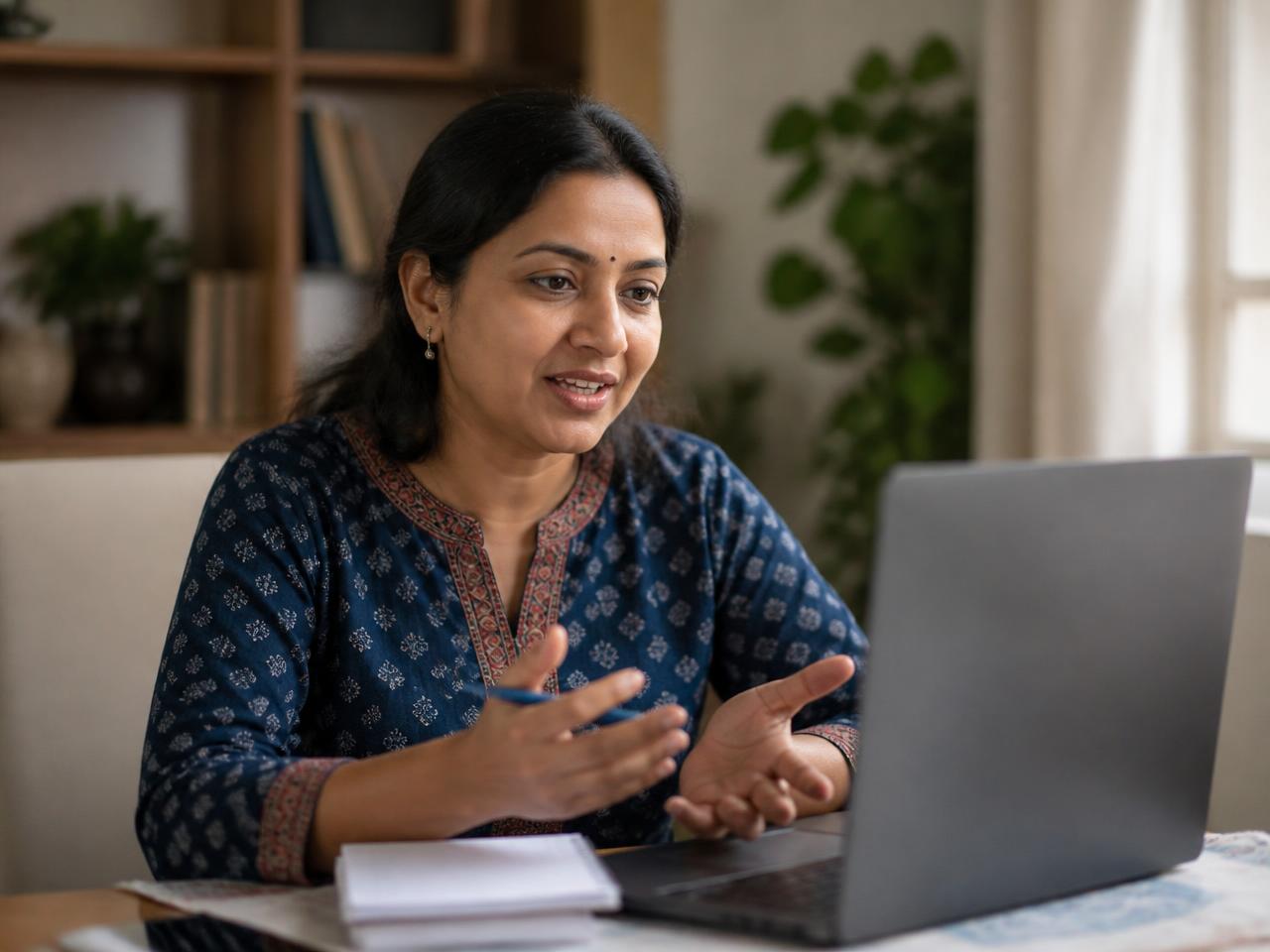 An Indian professional teaching an online session from her home office